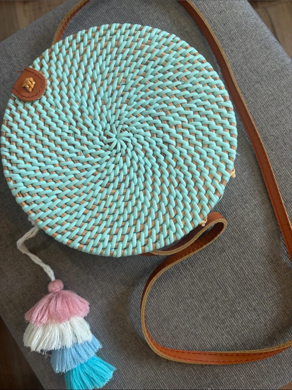 Mint Woven Round Crossbody Bag with Multicolor Tassel